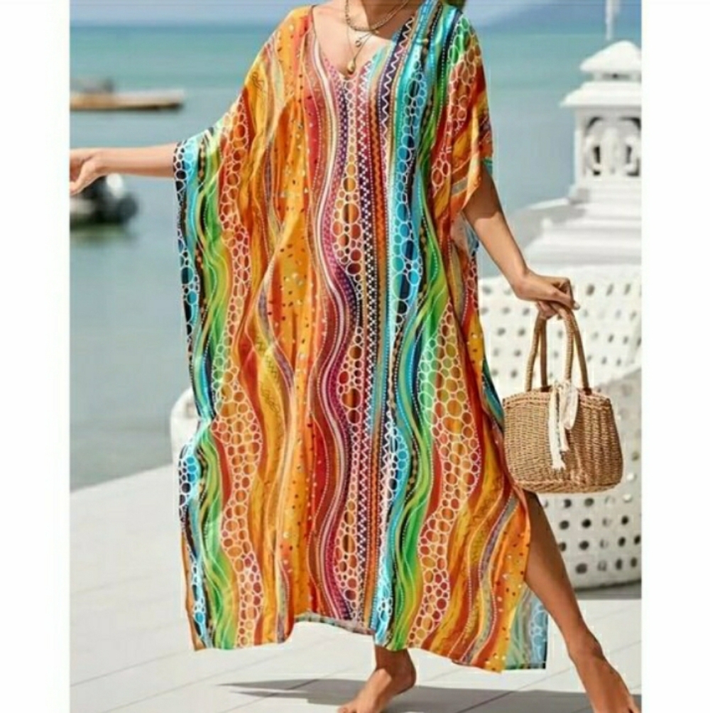Kaftan Dress Cover Up Swim Maxi Wavy Sunshine 2X Plus Size NEW 🌈 LAST 1 🌞 - Picture 8 of 13